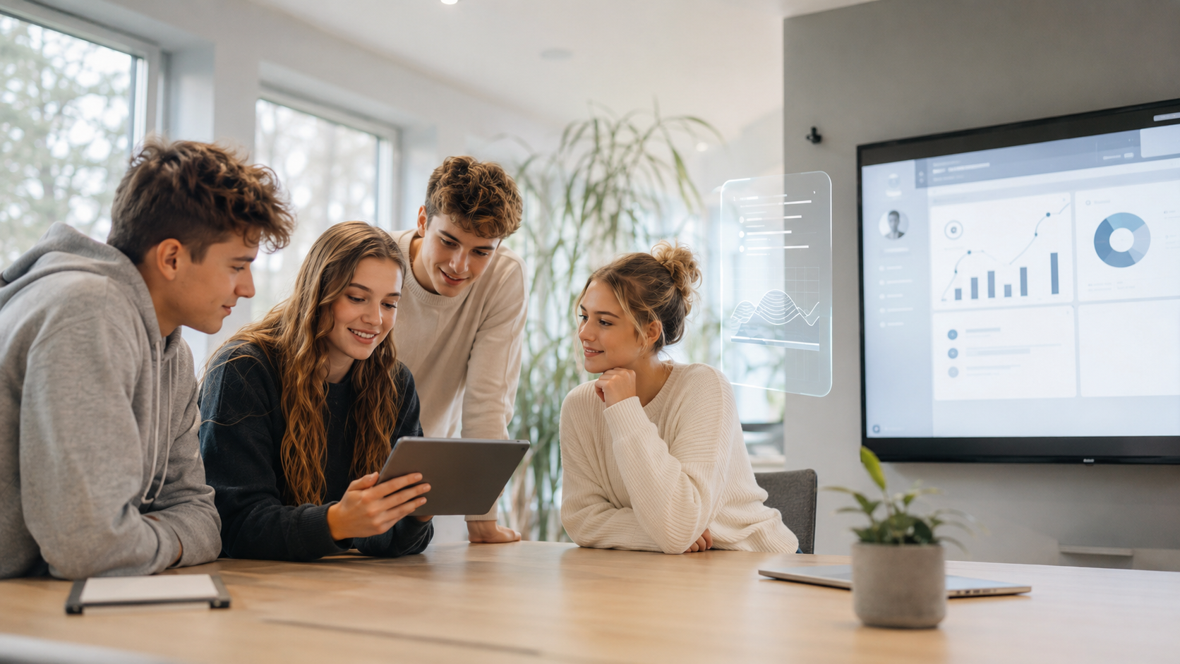 Jugendliche arbeiten gemeinsam an einer digitalen Lernstation