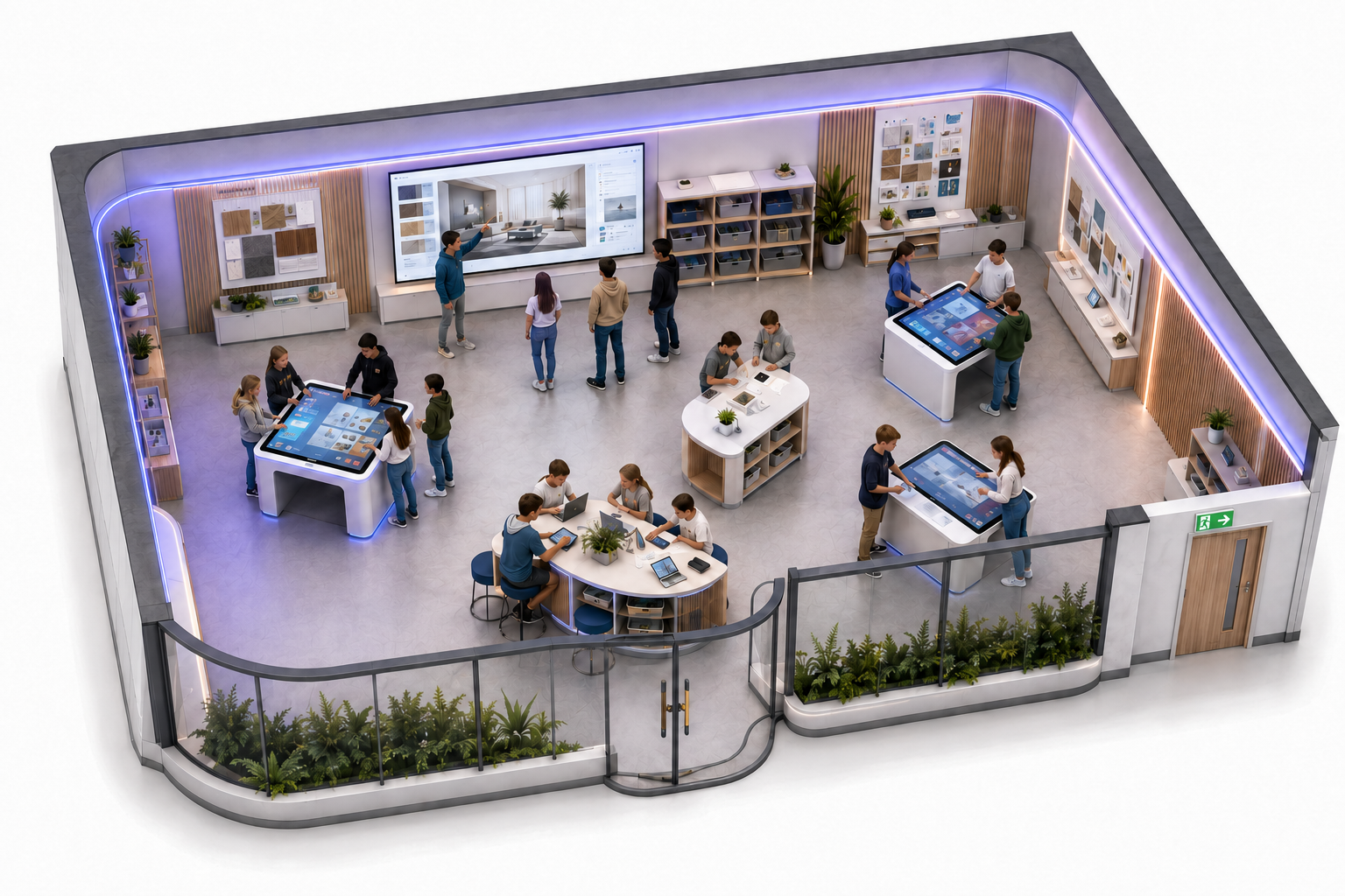 KI Design Lab mit interaktiven digitalen Arbeitsstationen